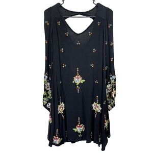 Free People Womens Black Oxford Floral Embroidered Bohemian Long Sleeve Dress XS